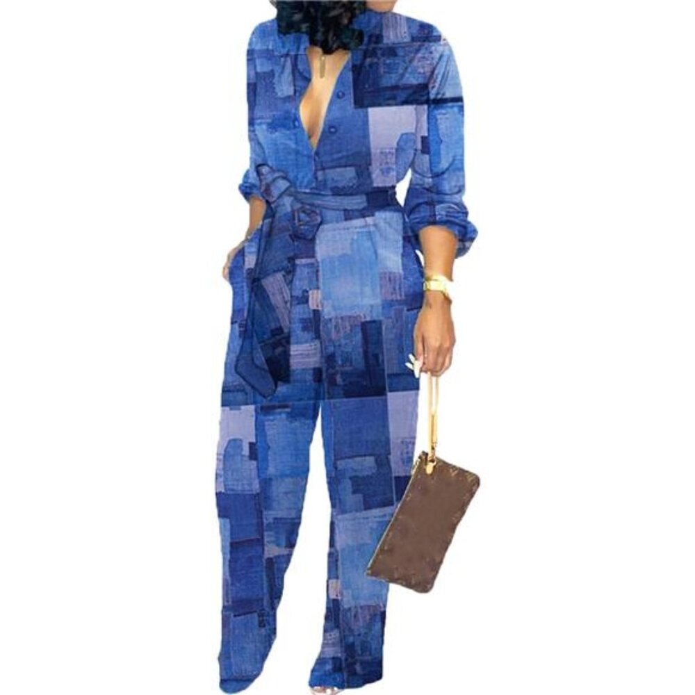 New Women's Elegant Business Casual Jumpsuit - Button-Down V-Neck, Long Sleeve, - Picture 2 of 7